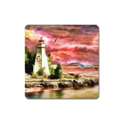 Lighthouse Ocean Sunset Seagulls Square Magnet by Sudhe