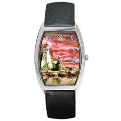 Lighthouse Ocean Sunset Seagulls Barrel Style Metal Watch by Sudhe