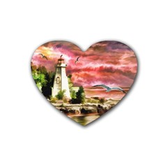 Lighthouse Ocean Sunset Seagulls Heart Coaster (4 Pack)  by Sudhe