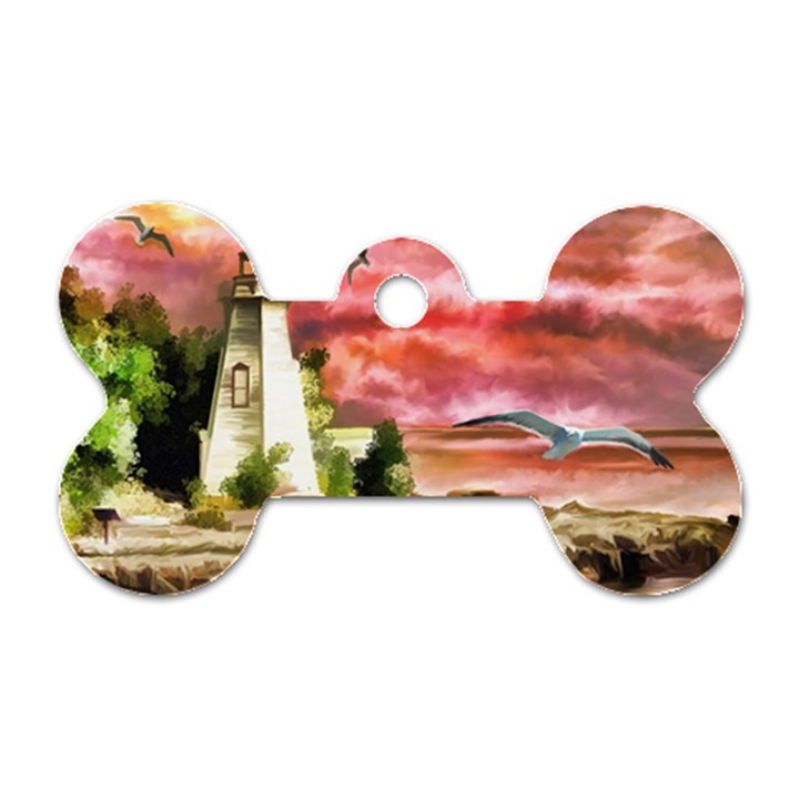 Lighthouse Ocean Sunset Seagulls Dog Tag Bone (Two Sides)