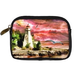 Lighthouse Ocean Sunset Seagulls Digital Camera Leather Case by Sudhe