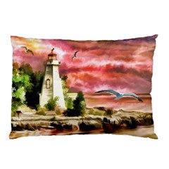 Lighthouse Ocean Sunset Seagulls Pillow Case (two Sides) by Sudhe