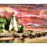 Lighthouse Ocean Sunset Seagulls Deluxe Canvas 14  x 11  (Stretched) 14  x 11  x 1.5  Stretched Canvas