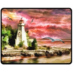 Lighthouse Ocean Sunset Seagulls Double Sided Fleece Blanket (medium)  by Sudhe