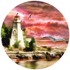 Lighthouse Ocean Sunset Seagulls Wooden Puzzle Round by Sudhe