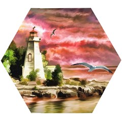 Lighthouse Ocean Sunset Seagulls Wooden Puzzle Hexagon by Sudhe