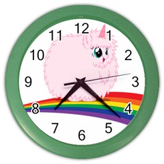 Pink Fluffy Unicorns Dancing On Rainbows Drawing Color Wall Clock