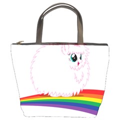 Pink Fluffy Unicorns Dancing On Rainbows Drawing Bucket Bag by Sudhe