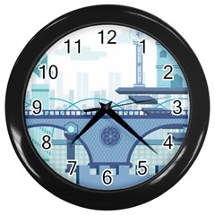 Blue City Building Fantasy Wall Clock (black) by Sudhe