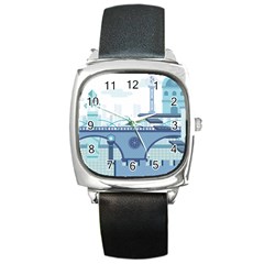 Blue City Building Fantasy Square Metal Watch by Sudhe