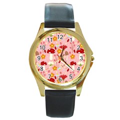 Floral Surface Pattern Design Round Gold Metal Watch by Sudhe