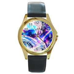 Crystal Wave Pattern Design Round Gold Metal Watch by Sudhe