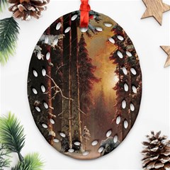 Sunset In The Frozen Winter Forest Ornament (oval Filigree) by Sudhe