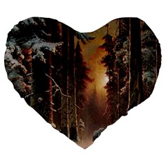 Sunset In The Frozen Winter Forest Large 19  Premium Flano Heart Shape Cushions by Sudhe