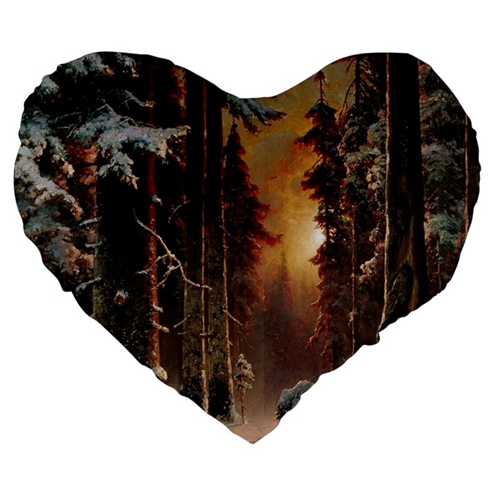 Sunset In The Frozen Winter Forest Large 19  Premium Flano Heart Shape Cushions