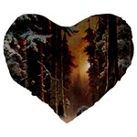 Sunset In The Frozen Winter Forest Large 19  Premium Flano Heart Shape Cushions Back