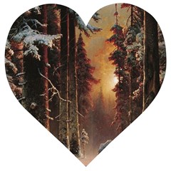 Sunset In The Frozen Winter Forest Wooden Puzzle Heart by Sudhe