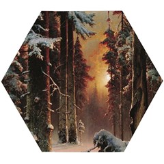 Sunset In The Frozen Winter Forest Wooden Puzzle Hexagon by Sudhe