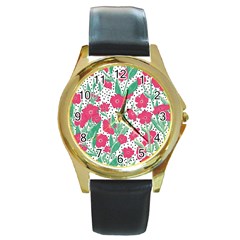 Flora Floral Flower Flowers Pattern Round Gold Metal Watch by Sudhe