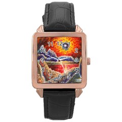 Sci Fi  Landscape Painting Rose Gold Leather Watch  by Sudhe