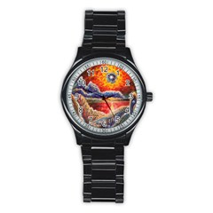 Sci Fi  Landscape Painting Stainless Steel Round Watch by Sudhe