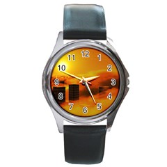 City Sun Clouds Smog Sky Yellow Round Metal Watch by Simbadda