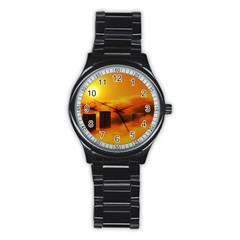 City Sun Clouds Smog Sky Yellow Stainless Steel Round Watch by Simbadda