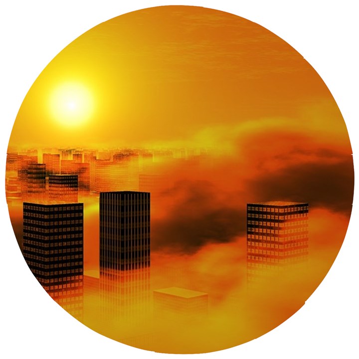 City Sun Clouds Smog Sky Yellow Wooden Puzzle Round