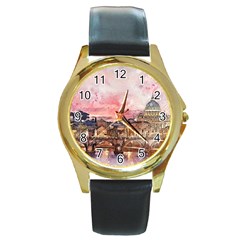 City Buildings Bridge Water River Round Gold Metal Watch by Simbadda