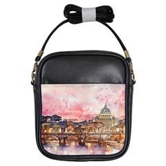 City Buildings Bridge Water River Girls Sling Bag by Simbadda