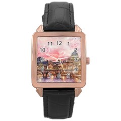 City Buildings Bridge Water River Rose Gold Leather Watch  by Simbadda