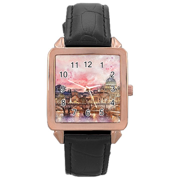 City Buildings Bridge Water River Rose Gold Leather Watch 