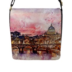 City Buildings Bridge Water River Flap Closure Messenger Bag (l) by Simbadda