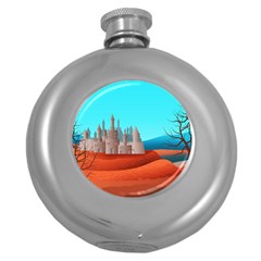 Castle Landscape Mountains Hills Round Hip Flask (5 Oz) by Simbadda