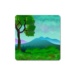 Landscape Illustration Nature Tree Square Magnet by Simbadda