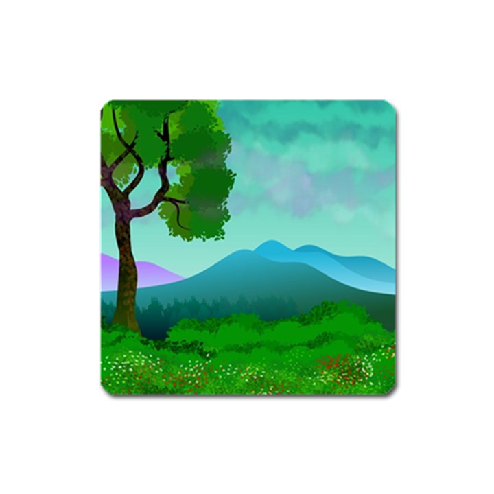 Landscape Illustration Nature Tree Square Magnet