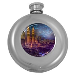 City Lights Skyline Buildings Round Hip Flask (5 Oz) by Simbadda