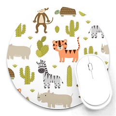 Cute Safari Animals Seamless Pattern Round Mousepads by Vaneshart