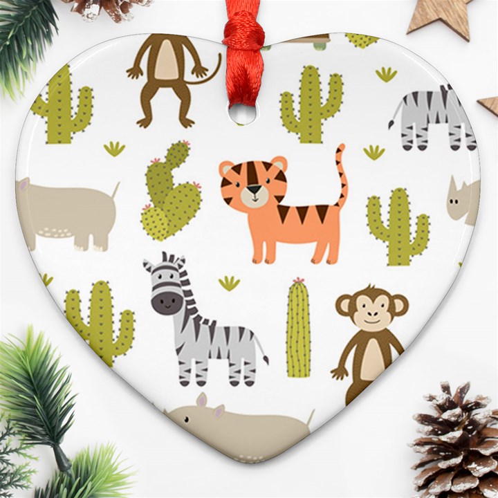 Cute Safari Animals Seamless Pattern Ornament (Heart)