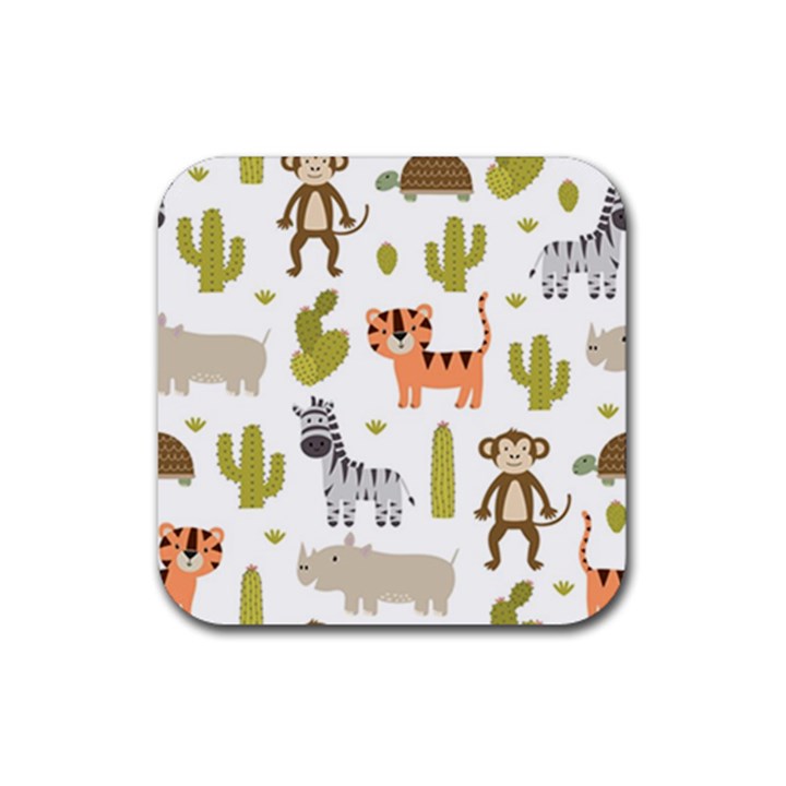 Cute Safari Animals Seamless Pattern Rubber Coaster (Square) 