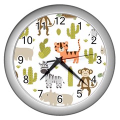 Cute Safari Animals Seamless Pattern Wall Clock (silver) by Vaneshart