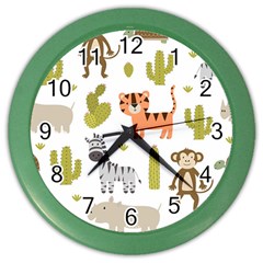 Cute Safari Animals Seamless Pattern Color Wall Clock by Vaneshart