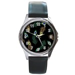 Seamless Pattern With Peacock Feather Round Metal Watch Front