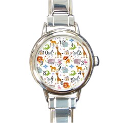 Children Seamless Wallpaper With Cute Funny Baby Savanna Animals Round Italian Charm Watch by Vaneshart