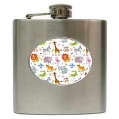 Children Seamless Wallpaper With Cute Funny Baby Savanna Animals Hip Flask (6 Oz) by Vaneshart