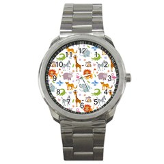 Children Seamless Wallpaper With Cute Funny Baby Savanna Animals Sport Metal Watch