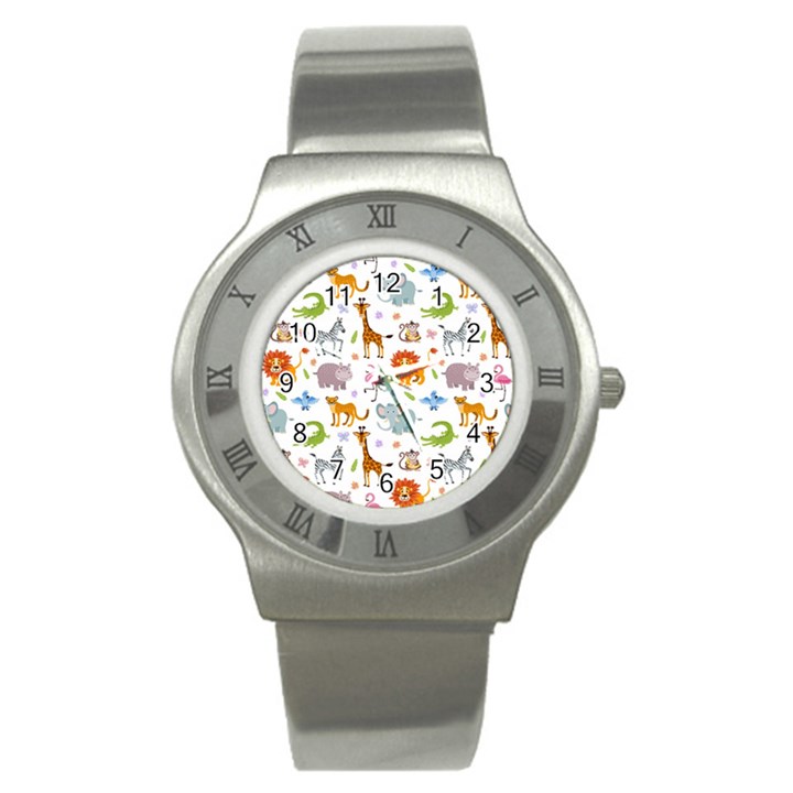 Children Seamless Wallpaper With Cute Funny Baby Savanna Animals Stainless Steel Watch