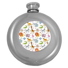 Children Seamless Wallpaper With Cute Funny Baby Savanna Animals Round Hip Flask (5 Oz) by Vaneshart