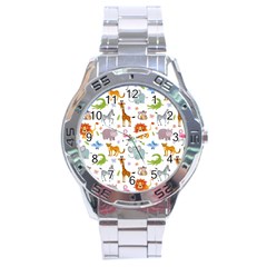 Children Seamless Wallpaper With Cute Funny Baby Savanna Animals Stainless Steel Analogue Watch by Vaneshart