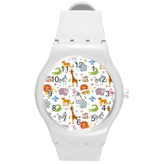 Children Seamless Wallpaper With Cute Funny Baby Savanna Animals Round Plastic Sport Watch (m)